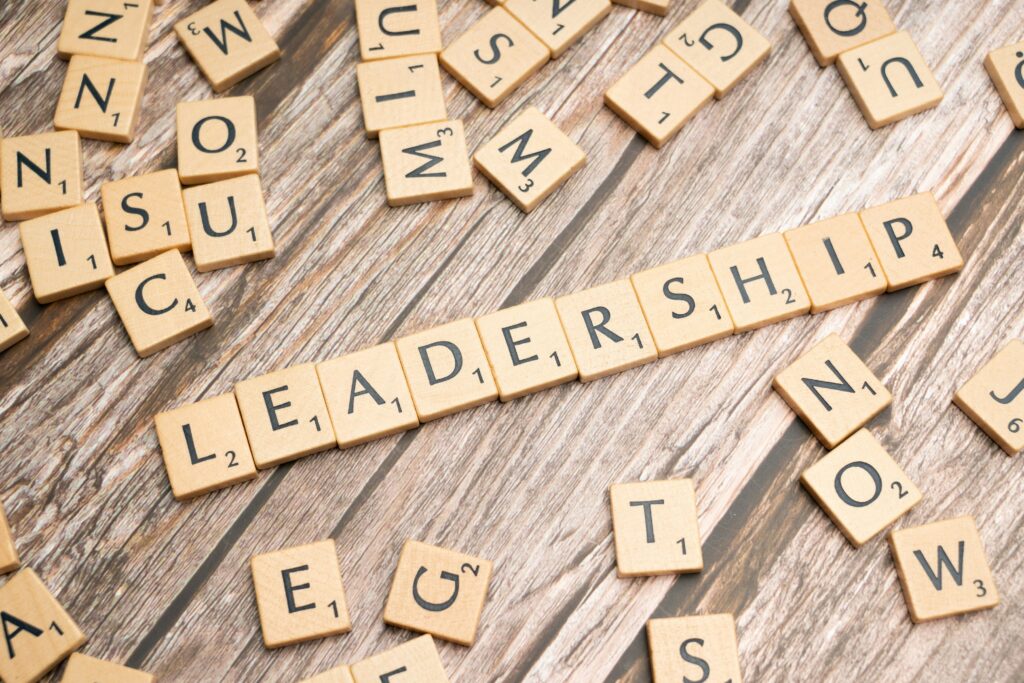 scrabble letters spelling 'leadership' as a theme for leadership development for managers and business owners