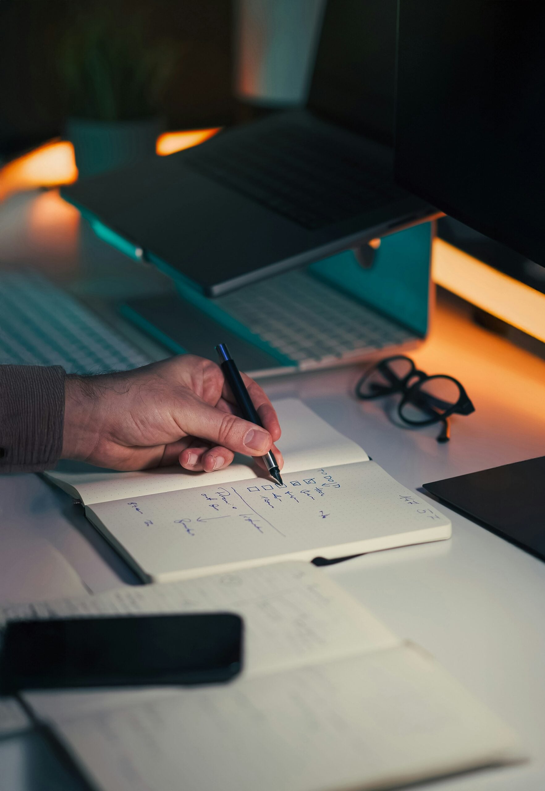 person writing in a planner at their desk to illustrate a manager workflow system and organization of tasks